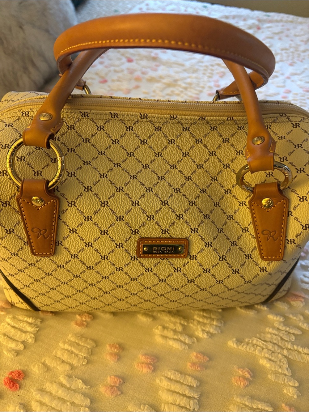 Rioni Beige Canvas Satchel with Tan Leather Trim